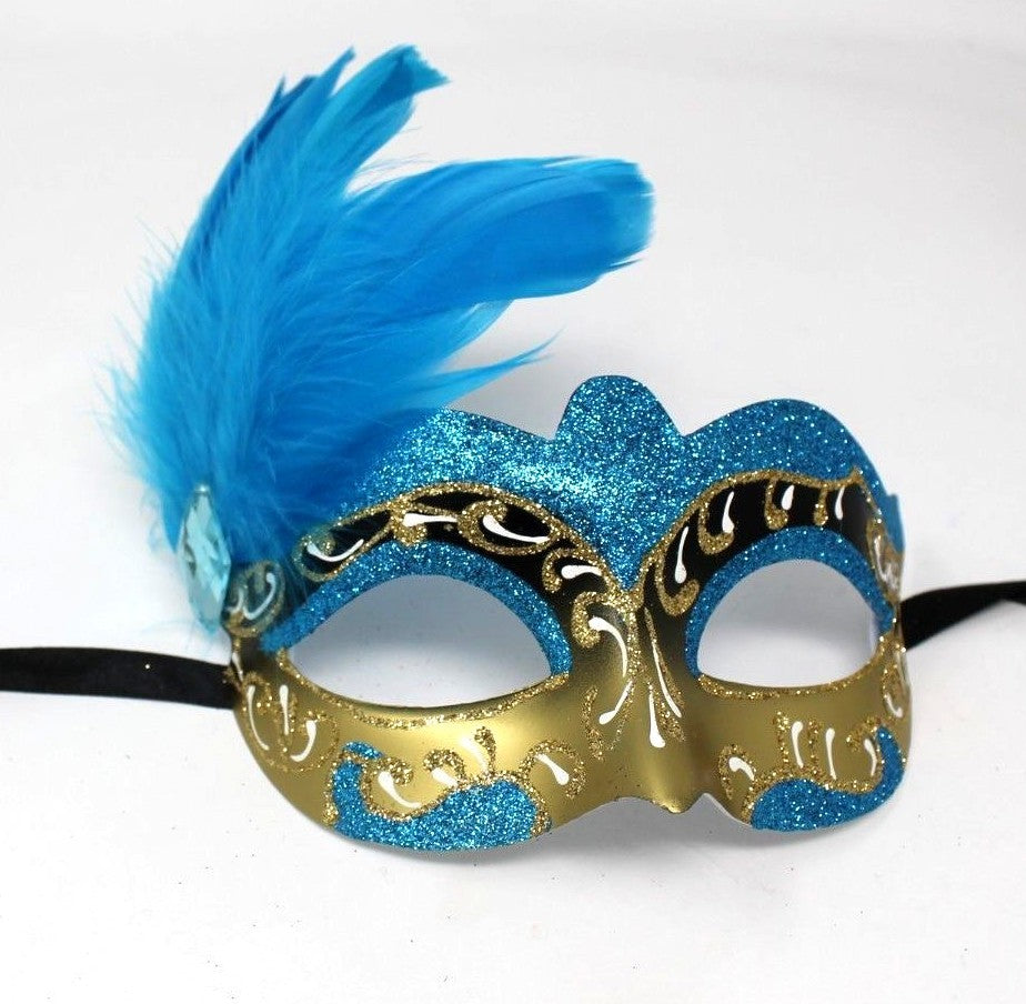 TURQUOISE BLUE & GOLD FEATHER  VENETIAN MASQUERADE BALL CARNIVAL PARTY EYE MASK