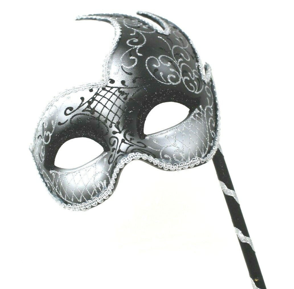 LADIES HAND HELD BLACK AND SILVER VENETIAN MASQUERADE BALL PARTY MASK ON STICK