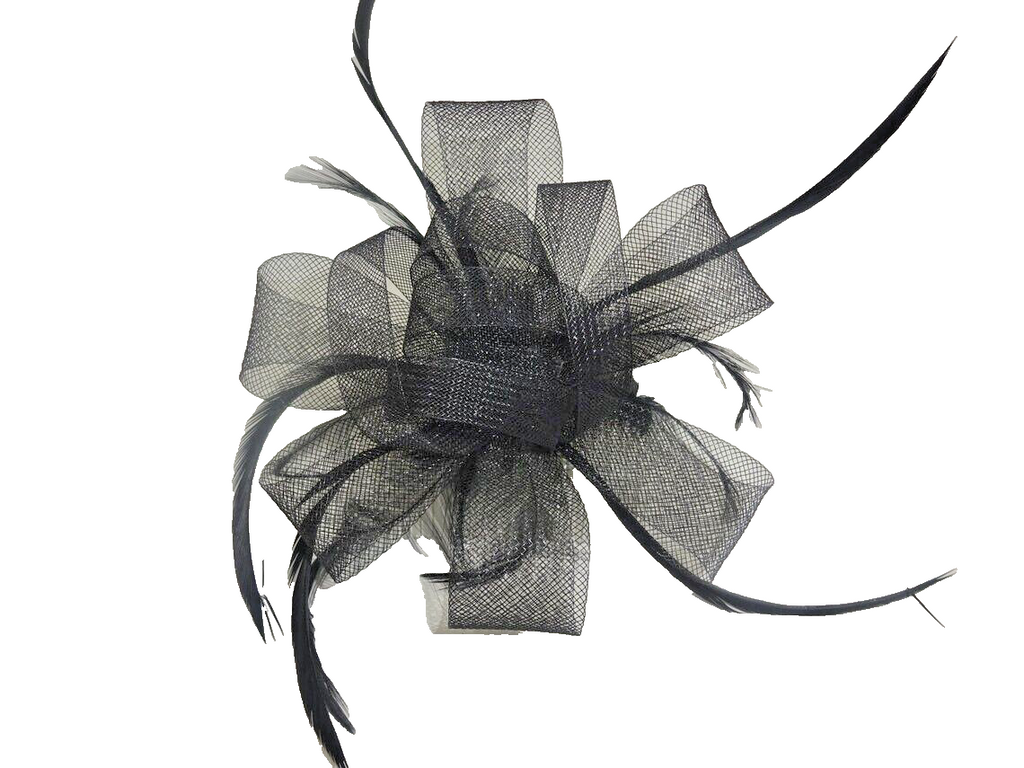 Large Black Looped Stiffened Net & Long Feather Fascinator on a Clear Comb