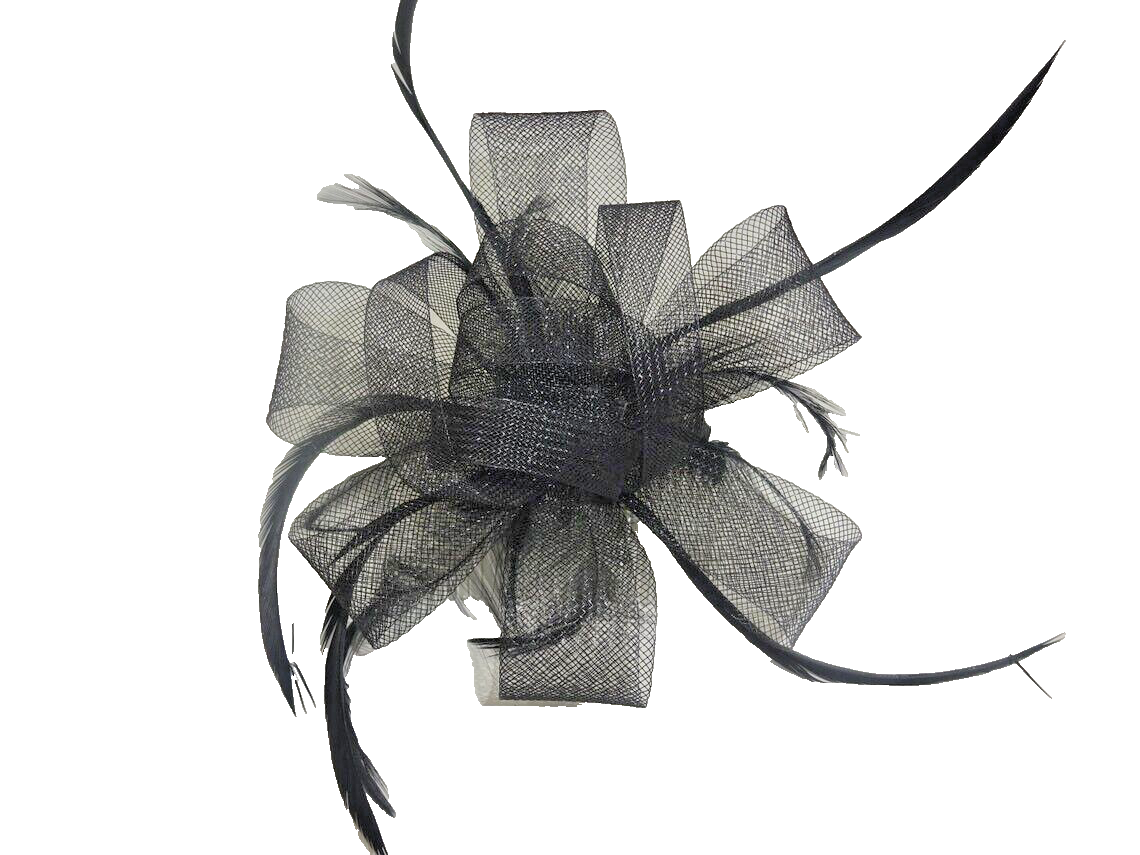 Large Black Looped Stiffened Net & Long Feather Fascinator on a Clear Comb
