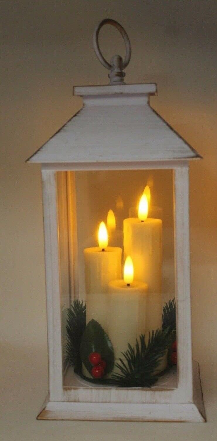 Choice of 3 Colours Rustic Lantern with 3 LED Flicker Flame Candles 27cm Tall