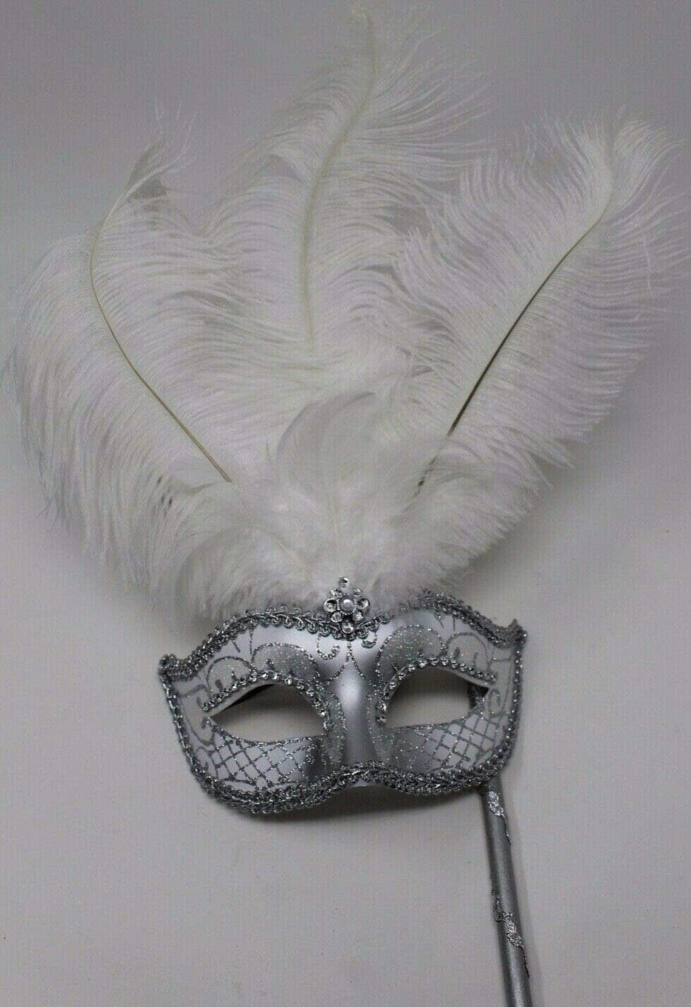 WHITE SILVER VENETIAN MASQUERADE PARTY CARNIVAL BALL EYE FEATHER MASK HAND HELD
