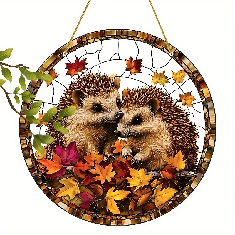 Acrylic Hanging Garden Suncatcher Baby Hedgehogs 20cm Tall on a Yellow Cord