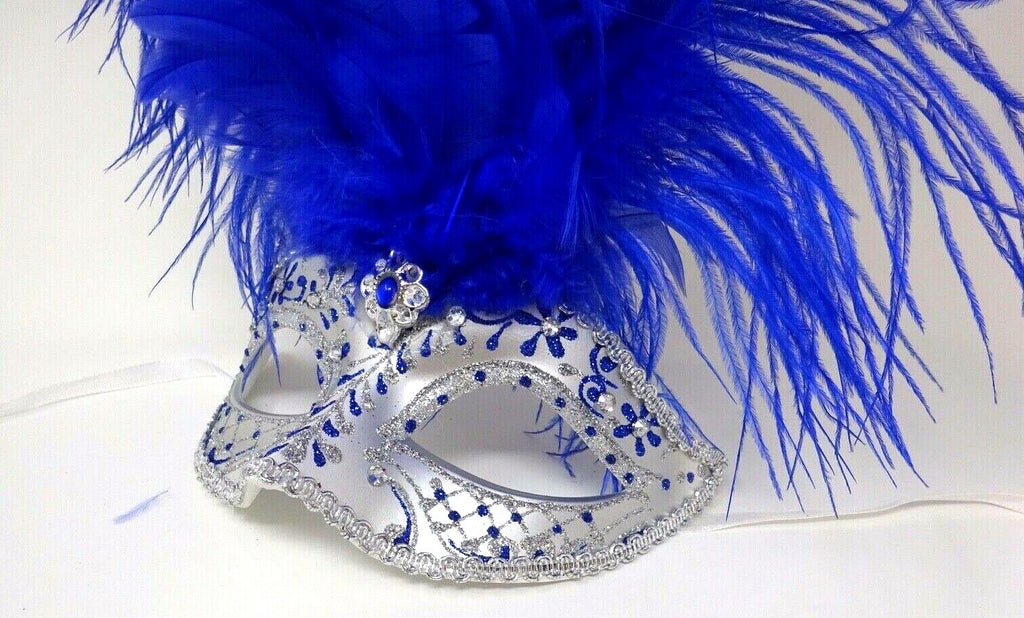 FEATHER MASK BLUE & SILVER VENETIAN MASQUERADE BALL CARNIVAL PARTY FACE EYE MASK