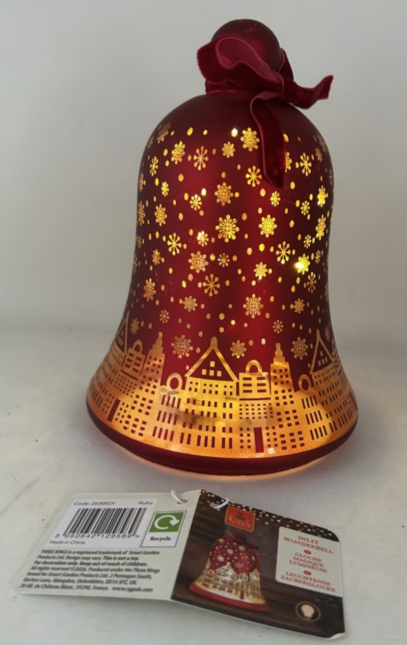 LED Light Up Christmas City Buildings & Snowflake Bell Ruby Red Glass 18cm Tall
