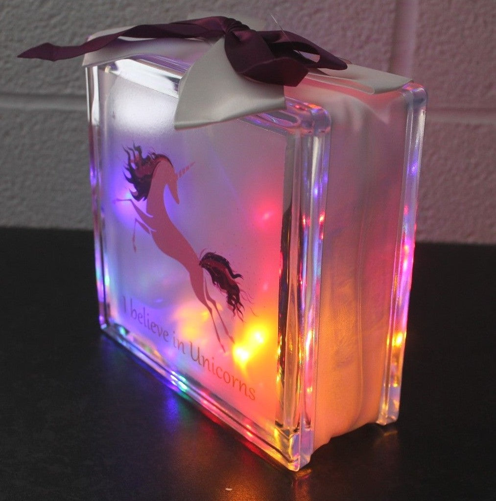 Heavy LED Unicorn Glass Light Up Block Lamp Night Light - I Believe In Unicorns