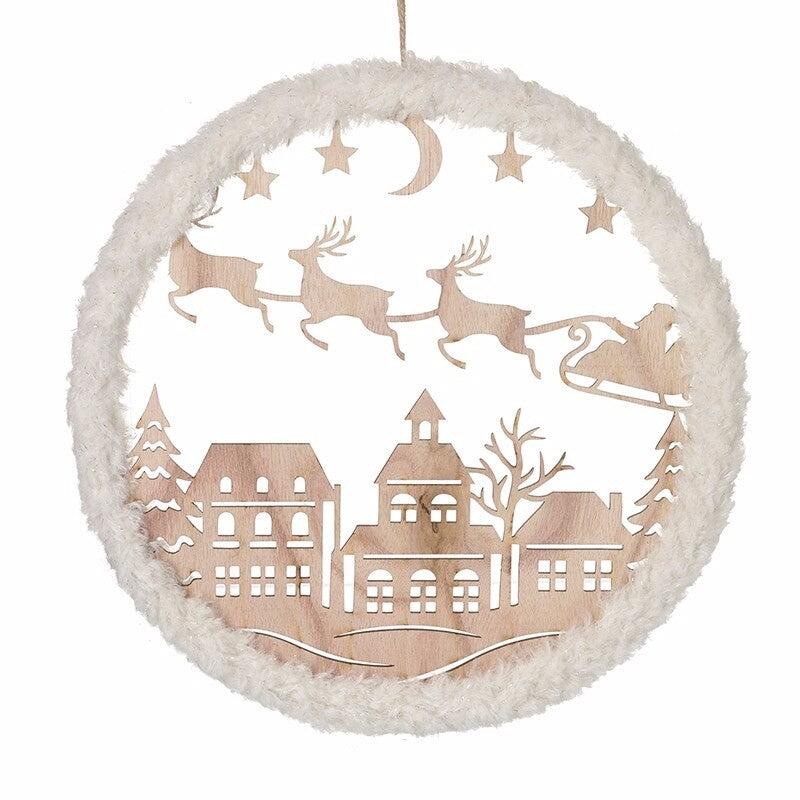 Large Wooden Decorative Hanging Santa & Sleigh Cut Out with Glitter Fur 31cm