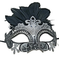 LADIES SILVER & BLACK VENETIAN CARNIVAL MASQUERADE PARTY EYE BALL FEATHER MASK