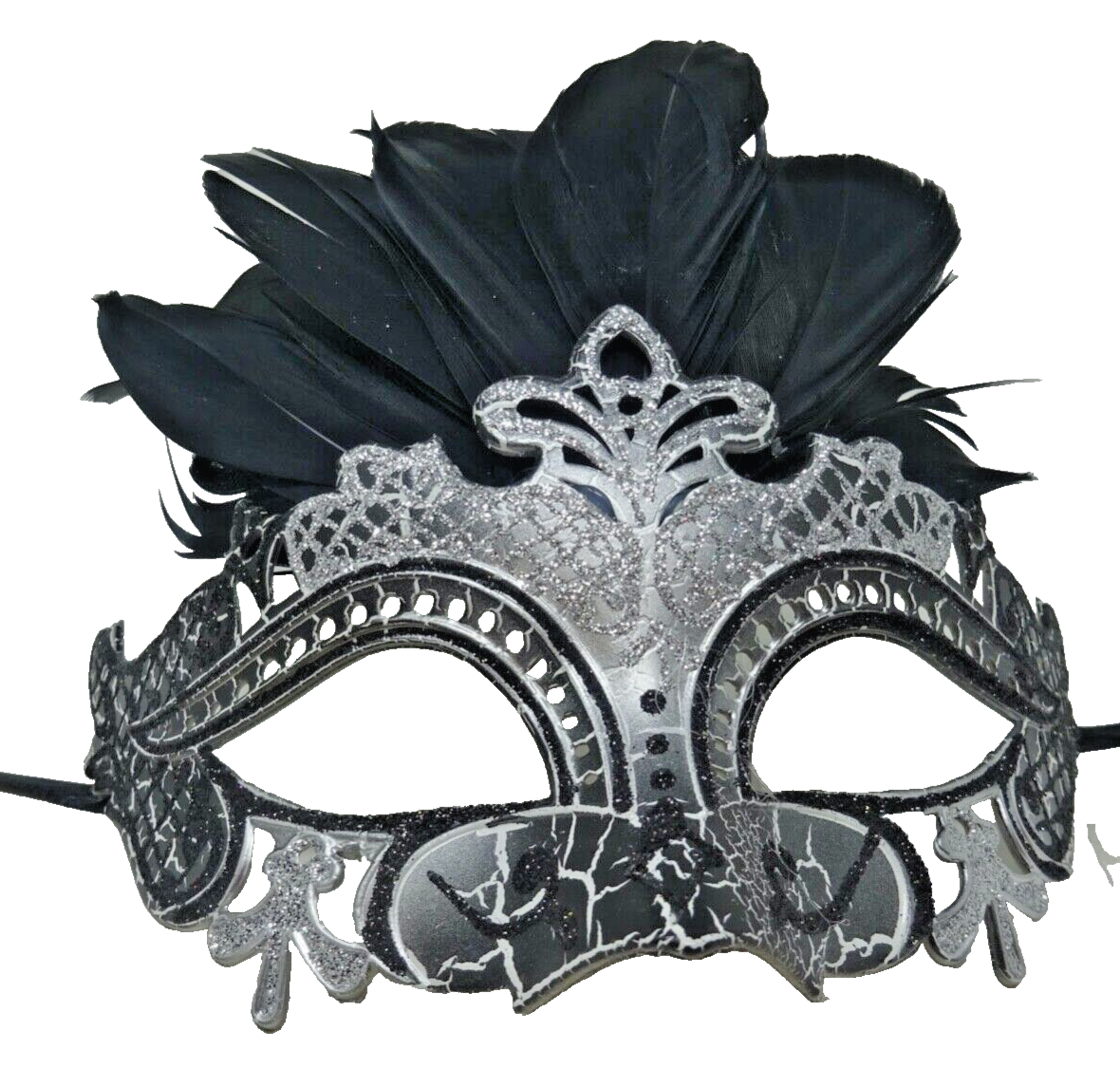 LADIES SILVER & BLACK VENETIAN CARNIVAL MASQUERADE PARTY EYE BALL FEATHER MASK
