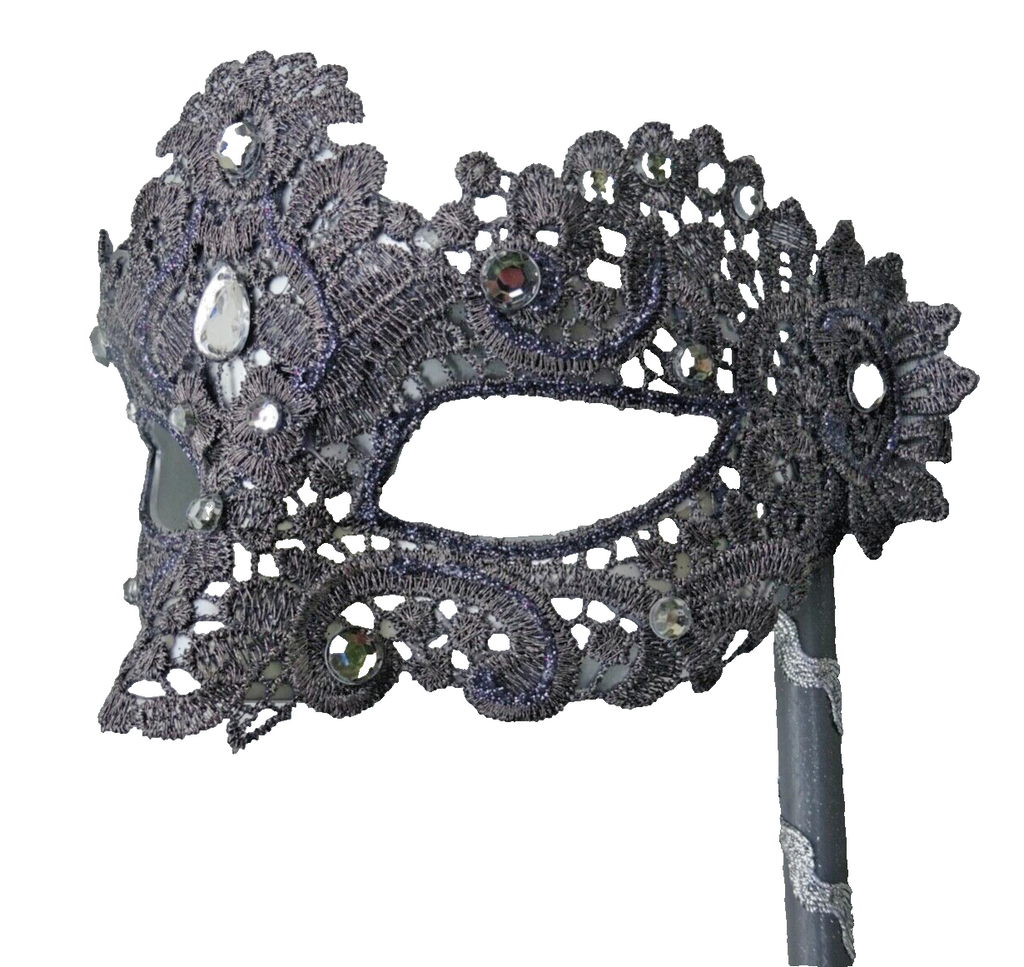 HAND HELD SILVER GREY JEWELLED LACE BROCADE MASK VENETIAN MASQUERADE EYE BALL
