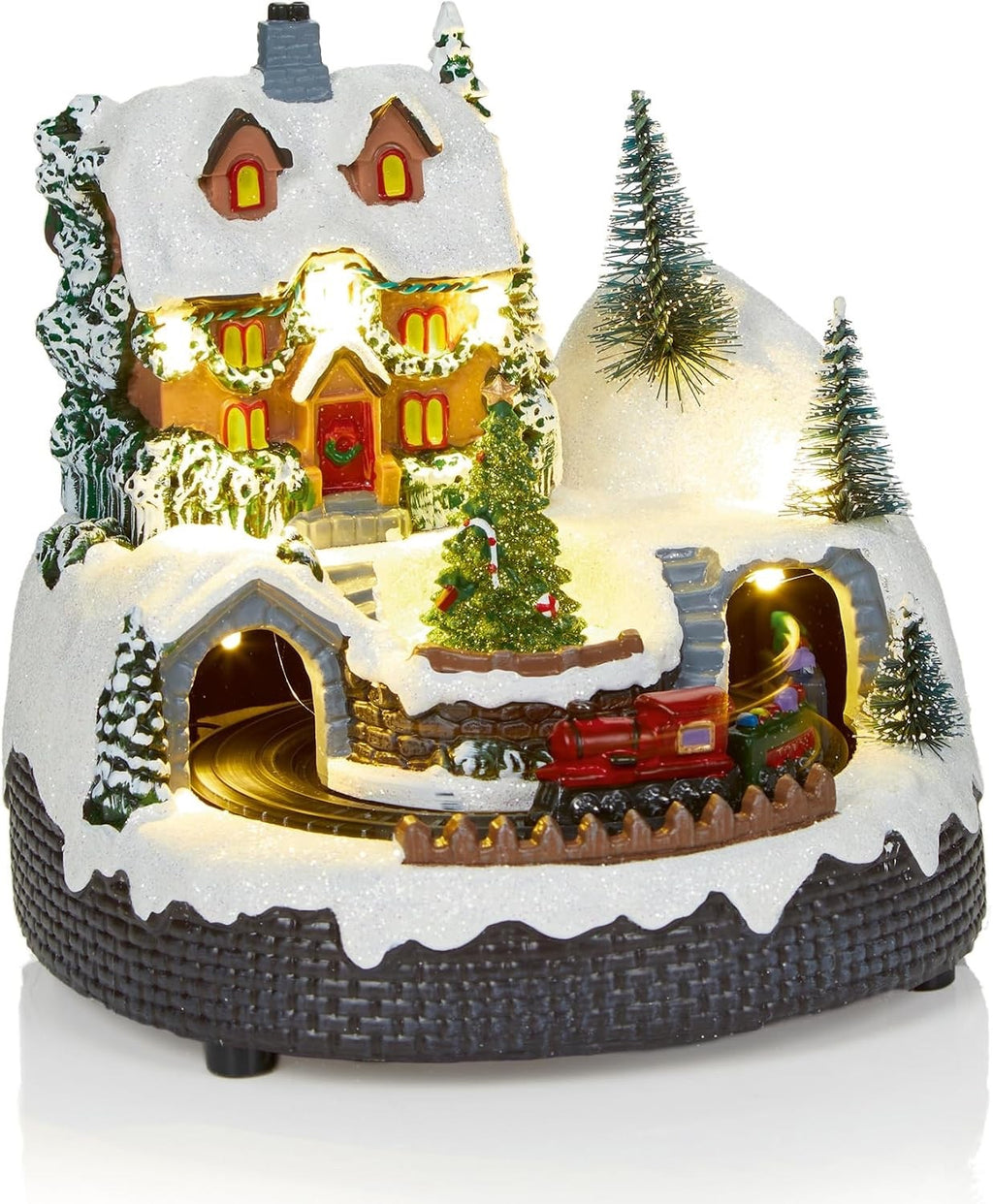 LED Light up Animated Christmas Village Carousel with Revolving Train 16cm Tall
