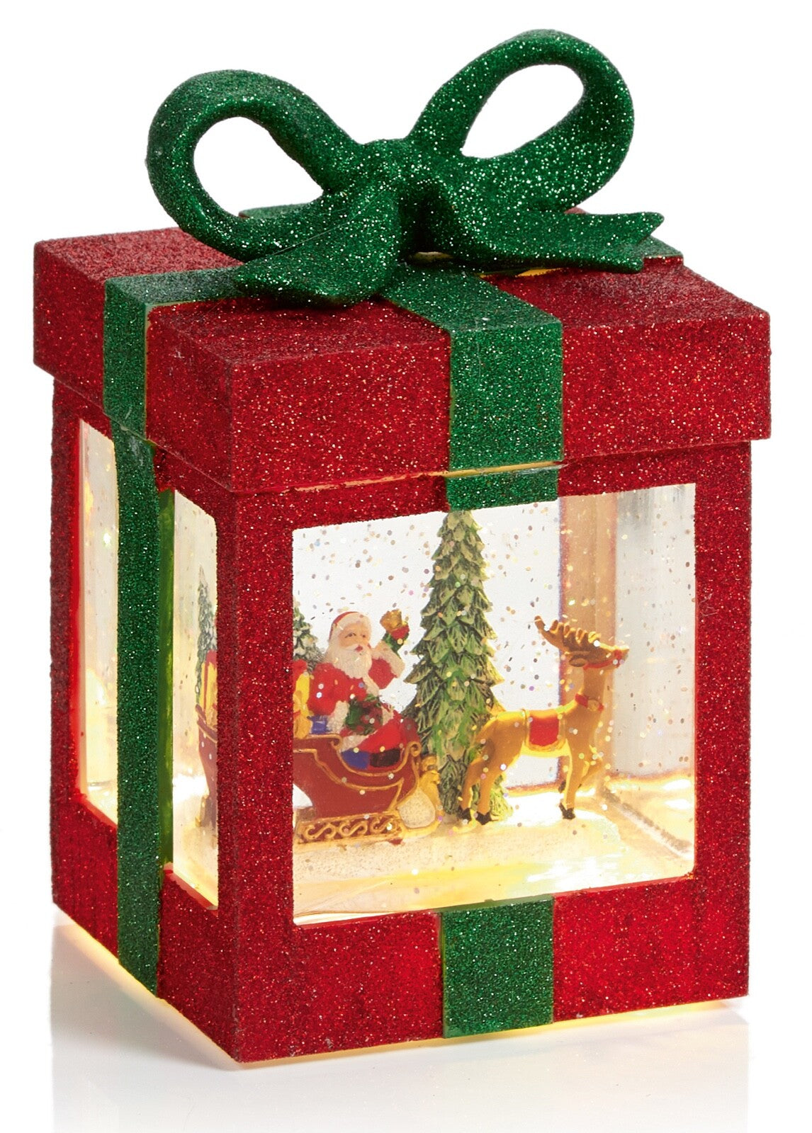 Christmas Red Green Glitter Metal Gift Parcel Santa Reindeer & Sleigh 18cm Tall