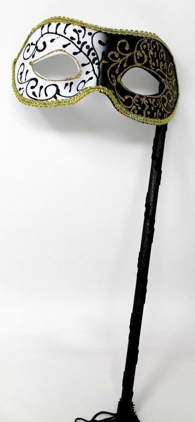 SPARKLING BLACK WHITE GOLD VENETIAN MASQUERADE PARTY PROM MASK  HAND HELD STICK