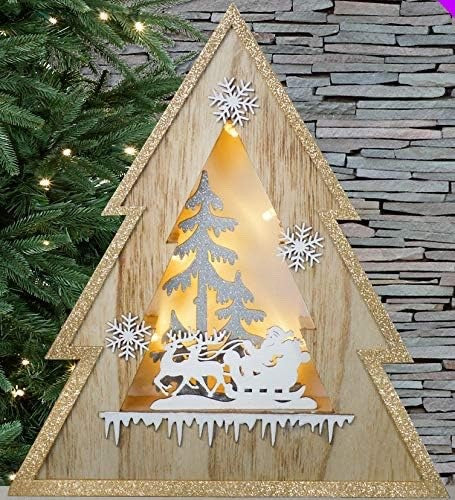 Large Tree Shaped Wooden Gold Glitter Framed Wall Art LED Christmas Santa Sleigh