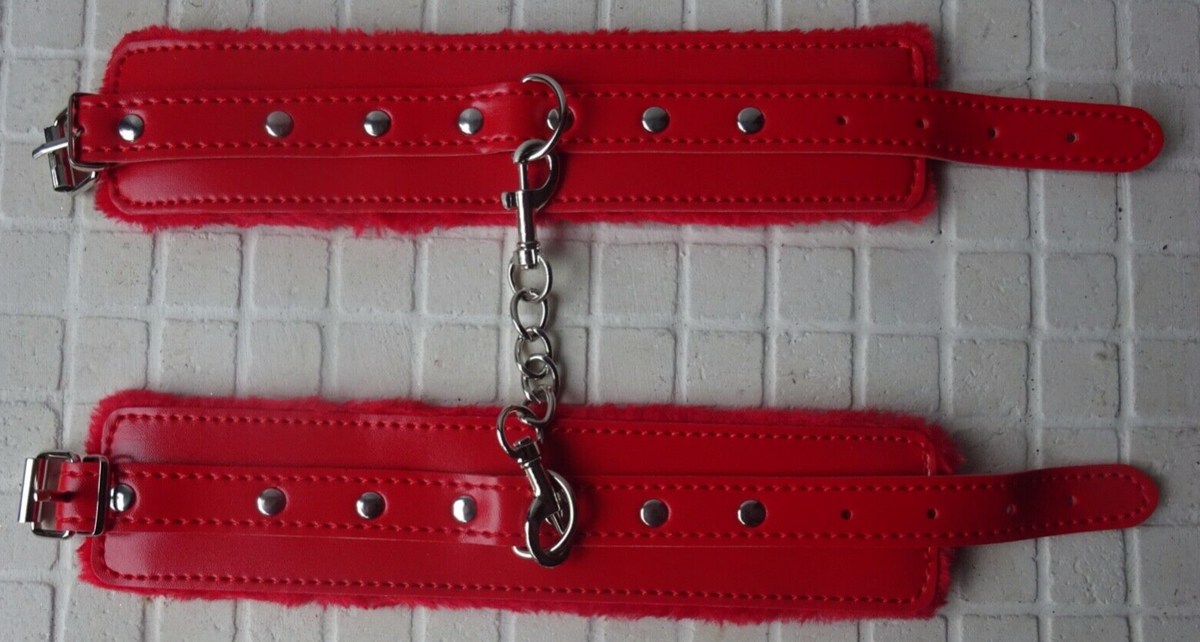 Unisex Red Genuine Leather & Fur Leg Ankle Handcuffs Buckles & Metal Chain