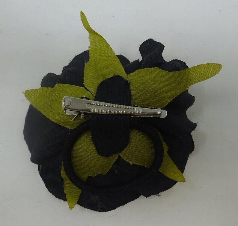 Hair Fascinator or Brooch Small Black Flower Shimmering Fabric & Green Leaves