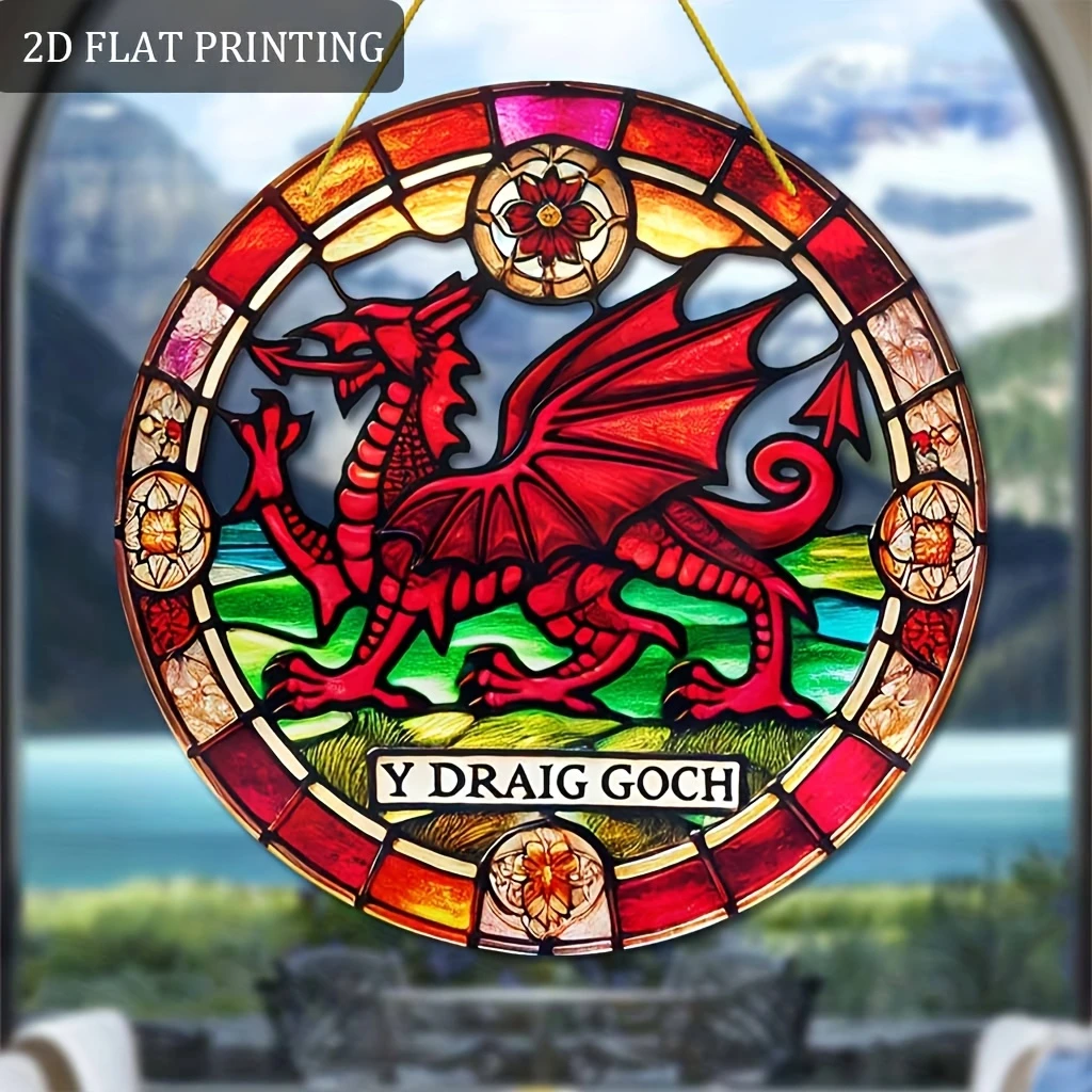 Acrylic Hanging Garden Suncatcher Wales Welsh Dragon 20cm Tall on a Yellow Cord