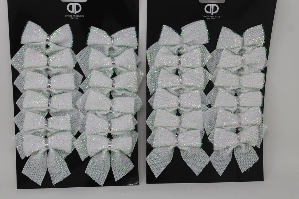 24 x Small Artificial White Glitter Tinsel Bows Christmas Decoration 6cm x 7cm