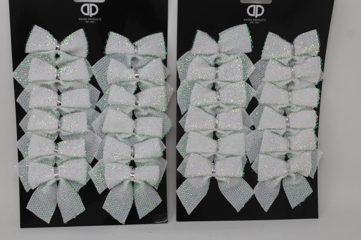 24 x Small Artificial White Glitter Tinsel Bows Christmas Decoration 6cm x 7cm
