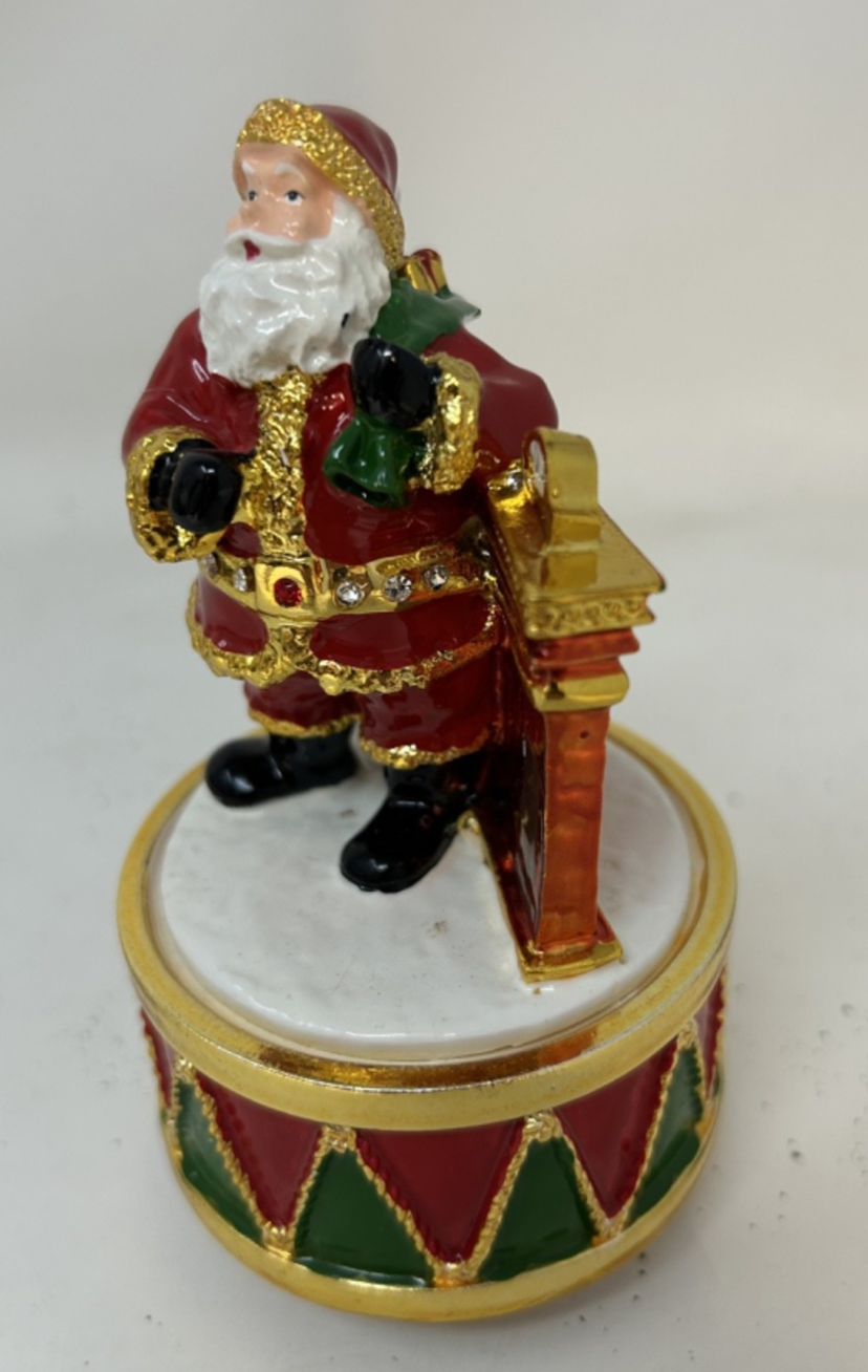 Christmas Musical Santa With Sack Ceramic Gold Plated Figurine Wind Up 12cm Tall