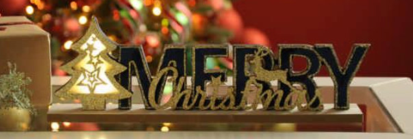 Wooden 'Merry Christmas' LED Light Up Tree Sign Reindeer Star Decoration 33cm