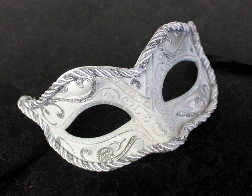 SILVER & WHITE BRAIDED VENETIAN CARNIVAL MASQUERADE PARTY EYE BALL WEDDING MASK
