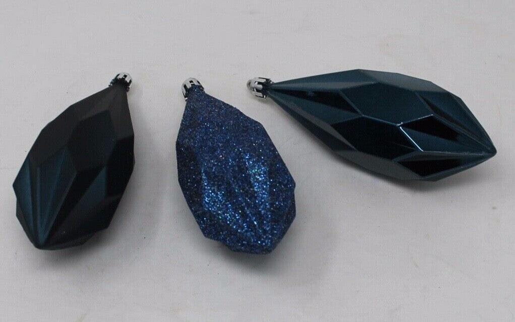 3 x Blue Christmas Baubles Tree Hanging Decoration Ornament Geometric 14cm Tall