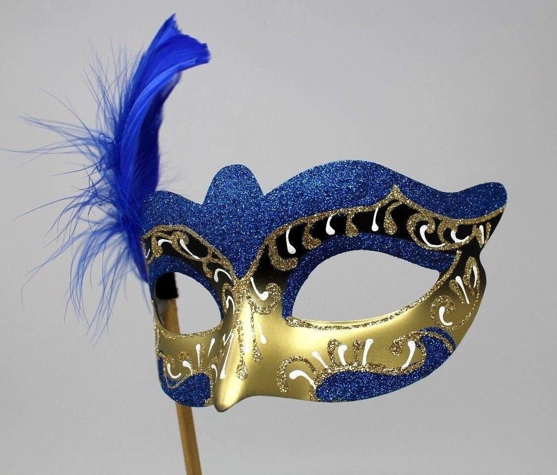 BLUE & GOLD VENETIAN CARNIVAL MASQUERADE PARTY BALL FEATHER MASK HAND HELD STICK