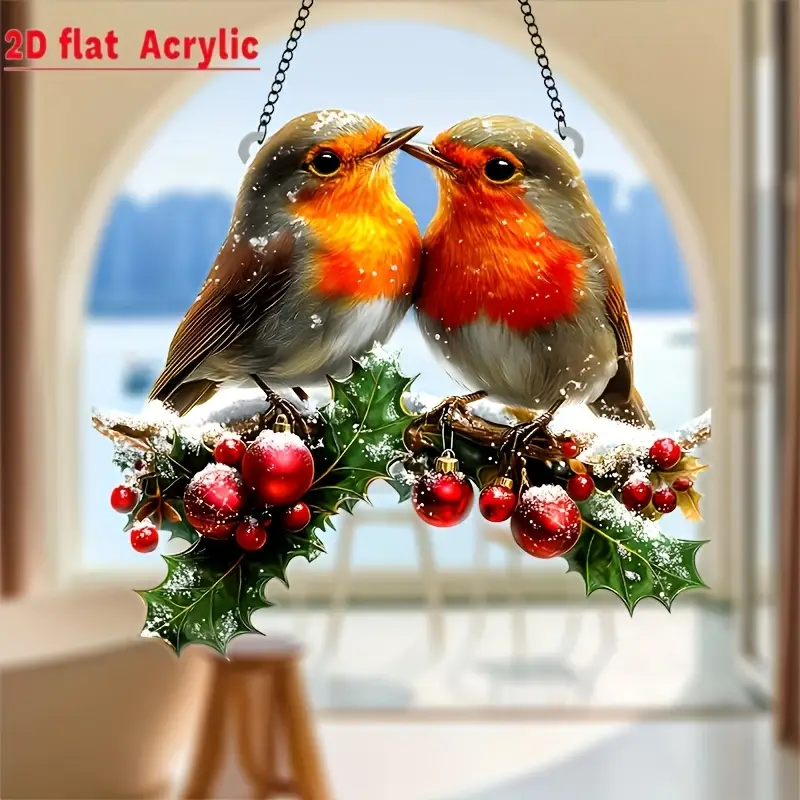 Festive Hanging Acrylic Garden Suncatcher Robins Snowy Holly with Berries 20cm