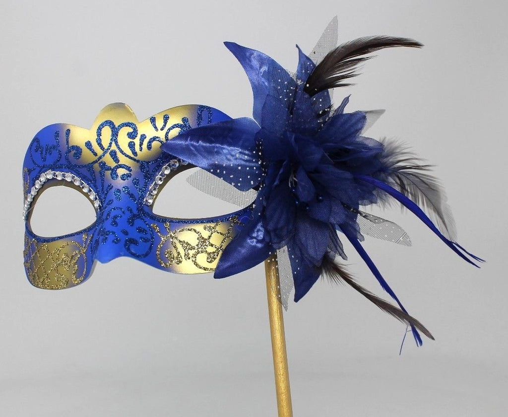 STUNNING BLUE & GOLD VENETIAN MASQUERADE PARTY EYE MASK ON A HAND HELD STICK