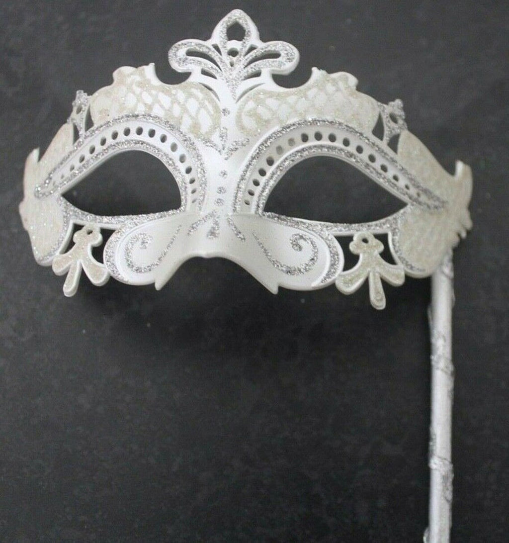 SILVER WHITE RIALTO VENETIAN CARNIVAL MASQUERADE PARTY EYE BALL MASK ON A STICK