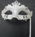 SILVER WHITE RIALTO VENETIAN CARNIVAL MASQUERADE PARTY EYE BALL MASK ON A STICK