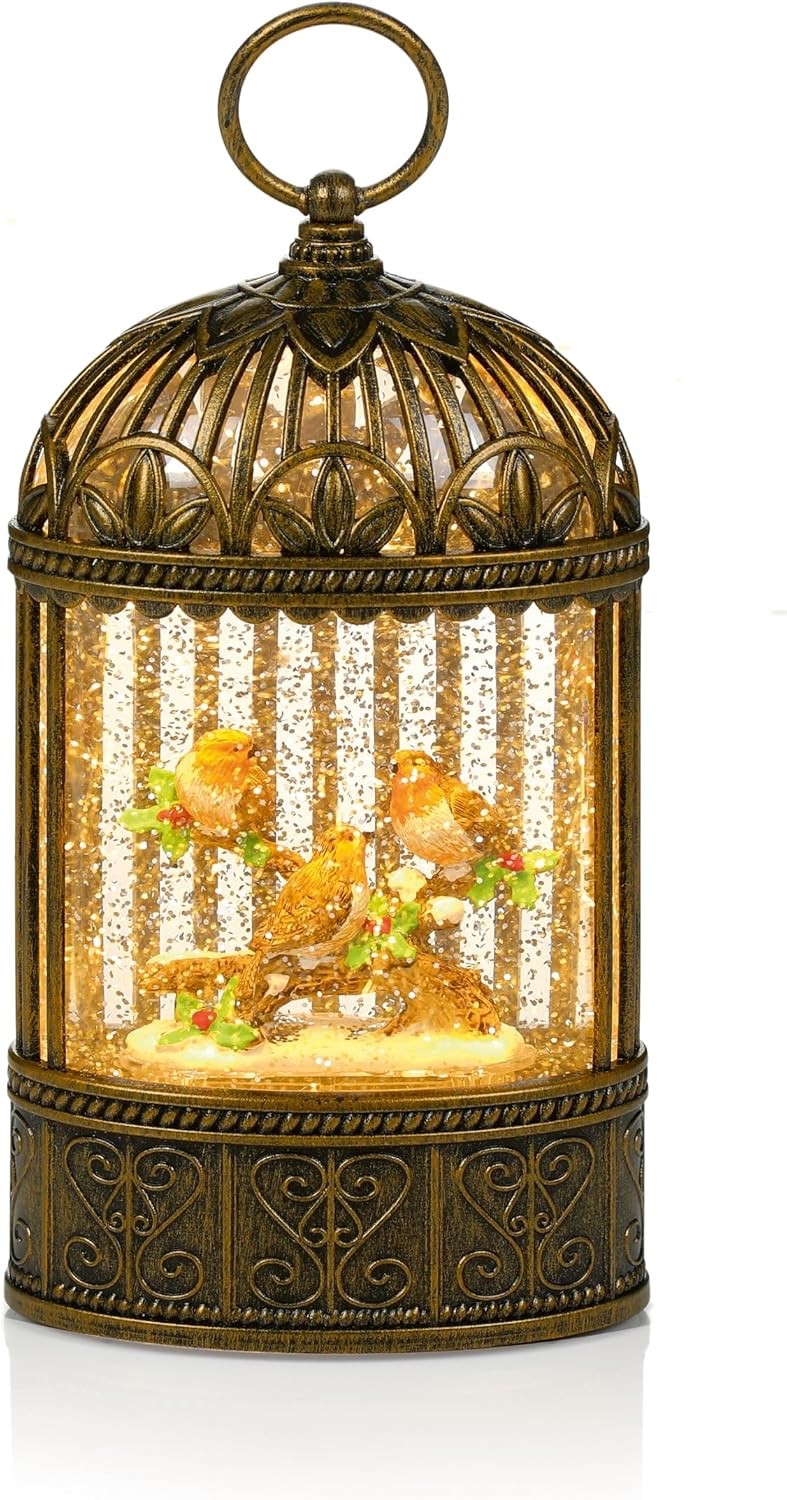 Christmas LED Rustic Gold Water Spinner Glitter Snow Globe Robin Lantern 24cm