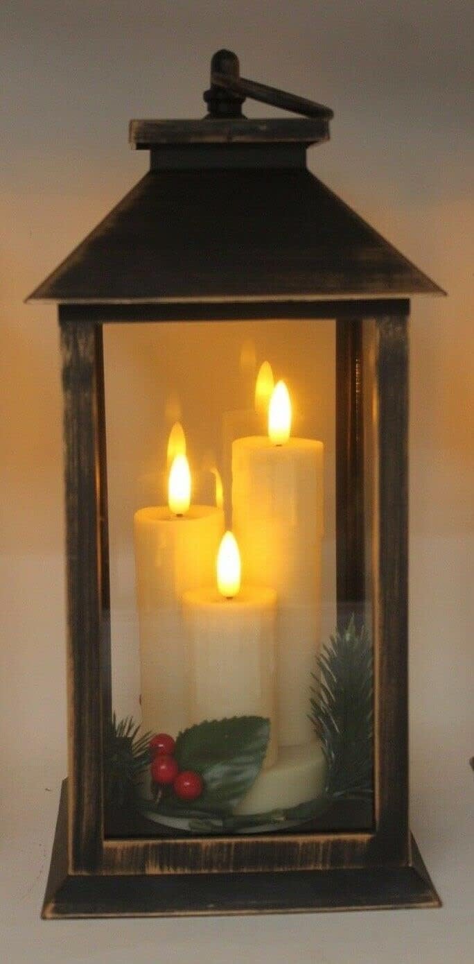Choice of 3 Colours Rustic Lantern with 3 LED Flicker Flame Candles 27cm Tall