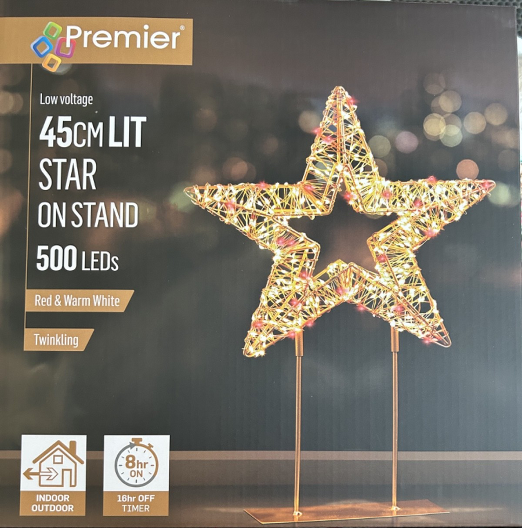 500 Red & Warm White Twinkling LEDs Star Light Gold Stand Mains Timer 45cm Tall
