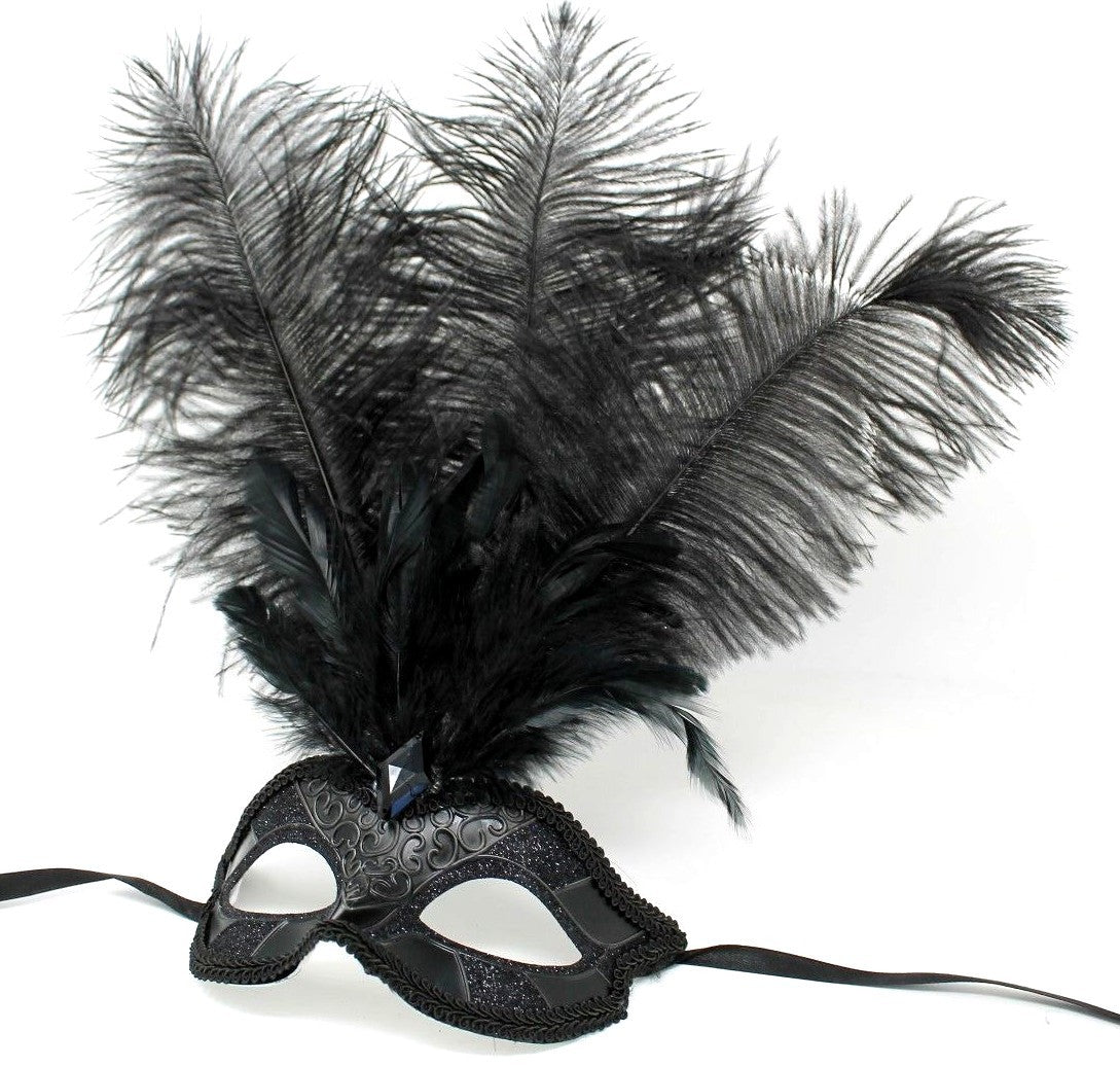 ALL BLACK FEATHER MASK VENETIAN MASQUERADE BALL CARNIVAL PARTY FACE EYE MASK