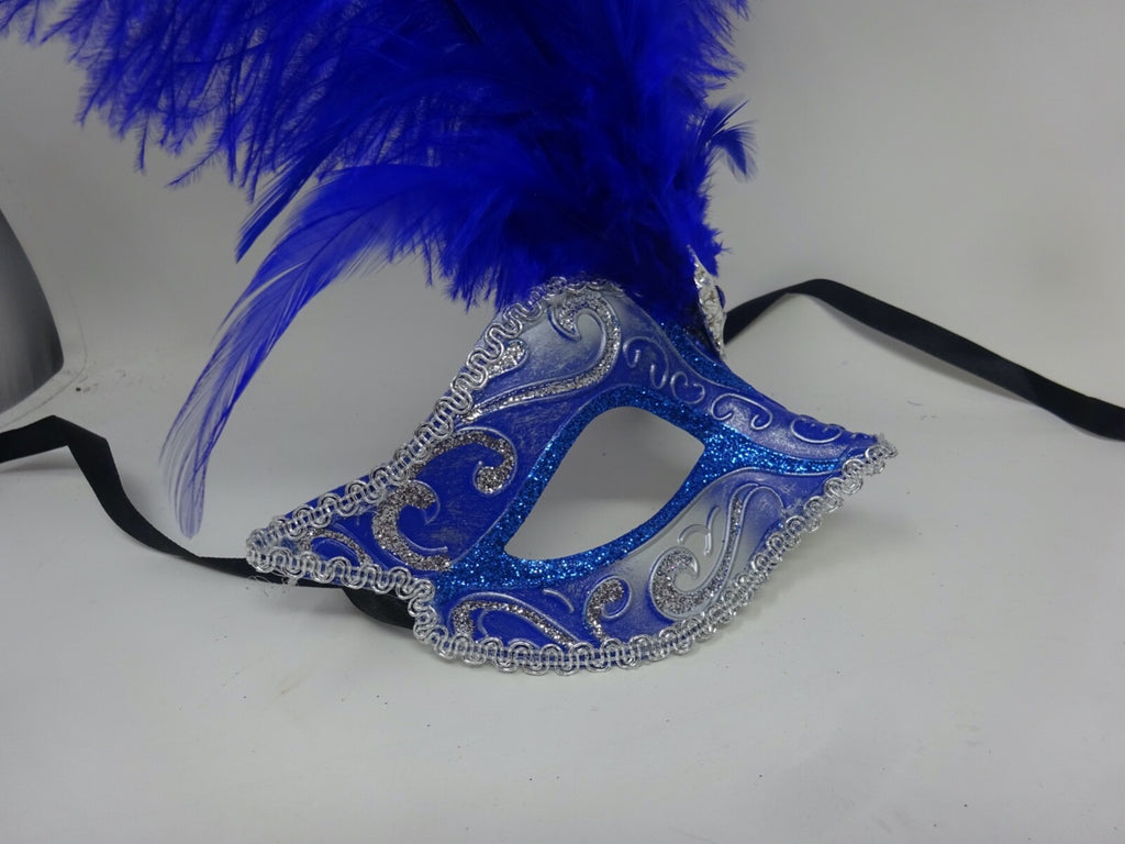 BLUE & SILVER VENETIAN MASQUERADE BALL CARNIVAL PARTY EYE LONG FEATHER MASK