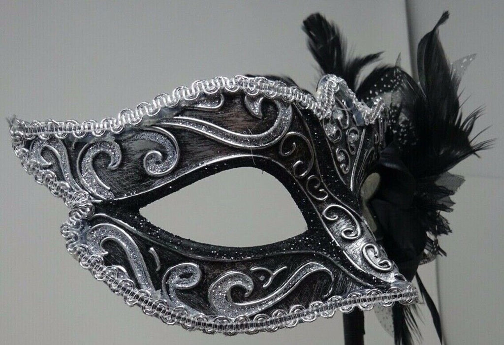 BLACK & SILVER BRAID VENETIAN MASQUERADE PARTY CARNIVAL BALL EYE MASK HAND HELD
