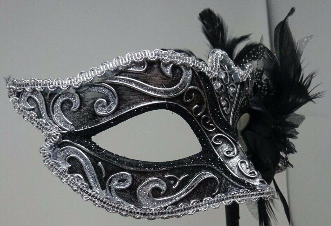 BLACK & SILVER BRAID VENETIAN MASQUERADE PARTY CARNIVAL BALL EYE MASK HAND HELD