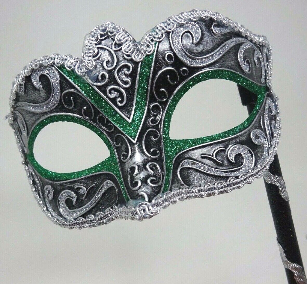 GREEN SILVER & BLACK HAND HELD STICK VENETIAN MASQUERADE BALL CARNIVAL EYE MASK