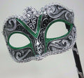 GREEN SILVER & BLACK HAND HELD STICK VENETIAN MASQUERADE BALL CARNIVAL EYE MASK