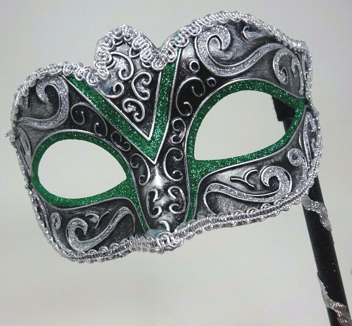 GREEN SILVER & BLACK HAND HELD STICK VENETIAN MASQUERADE BALL CARNIVAL EYE MASK
