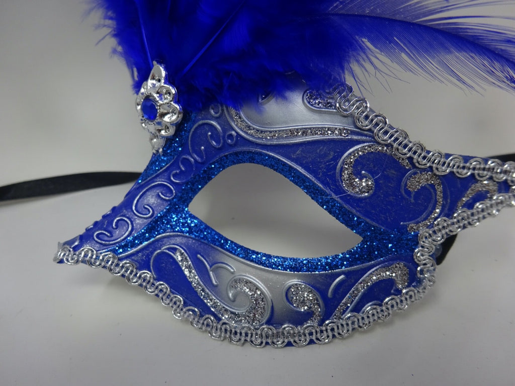BLUE & SILVER VENETIAN MASQUERADE BALL CARNIVAL PARTY EYE LONG FEATHER MASK
