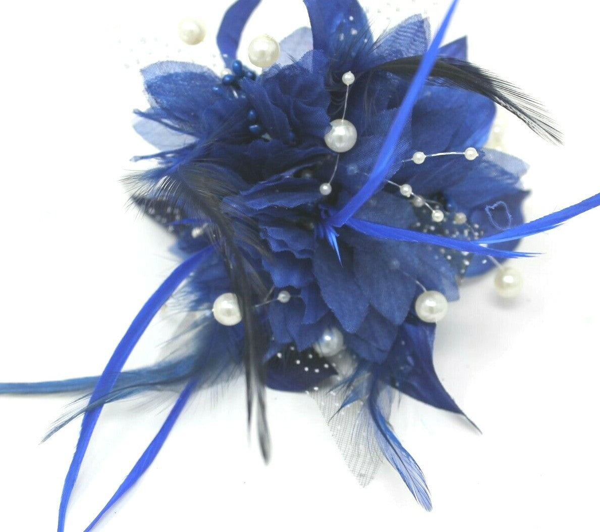 Royal Blue Wrist Corsage Fascinator Fabric & Feather Pearlised Wrist Bracelet