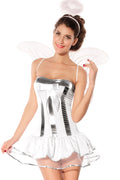 Ladies Angel Fairy Costume Satin Net Frilly Dress Wings Halo & Thong Size 8-10