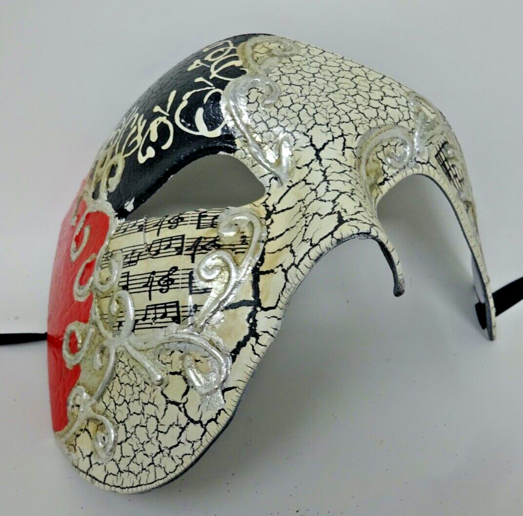 QUALITY BLACK RED & SILVER HALF FACE PHANTOM MUSICAL NOTES MASQUERADE MASK