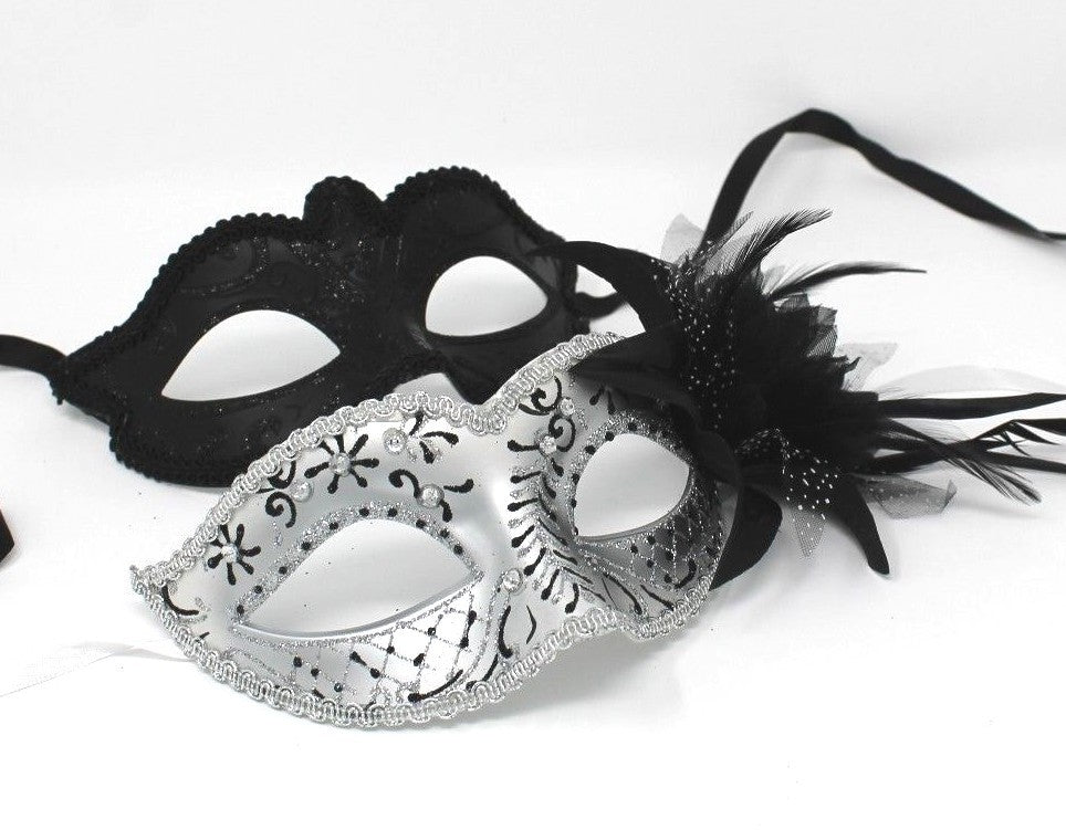 HIS N HERS PAIR COUPLES BLACK  AND SILVER VENETIAN MASQUERADE PARTY EYE MASKS