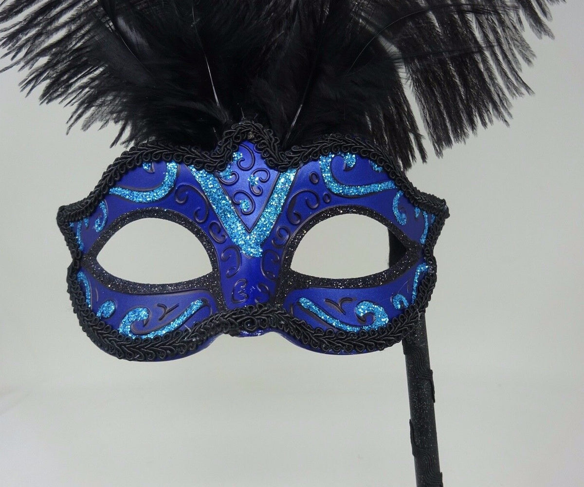 Venetian Masquerade Ball Carnival Mask Hand Held Stick Turquoise Blue & Black