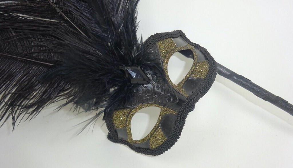 BLACK GOLD MASQUERADE CARNIVAL PARTY BALL WITH LONG FEATHERS EYE MASK ON A STICK
