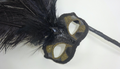 BLACK GOLD MASQUERADE CARNIVAL PARTY BALL WITH LONG FEATHERS EYE MASK ON A STICK